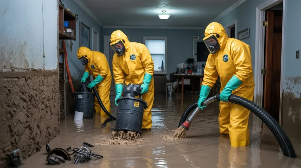 Professional cleaners in protective gear removing floodwater and sewage from a residential property.