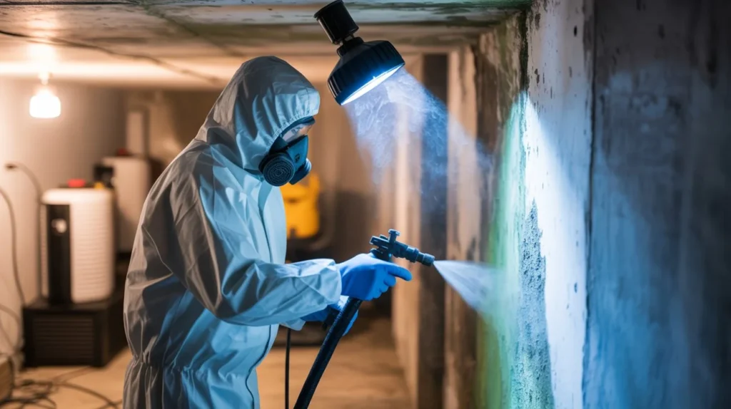 Professional mold remediation technician spraying mold treatment on a basement wall.