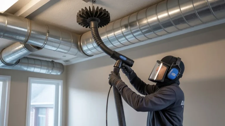 Professional technician performing air duct cleaning in a residential property using specialized equipment.