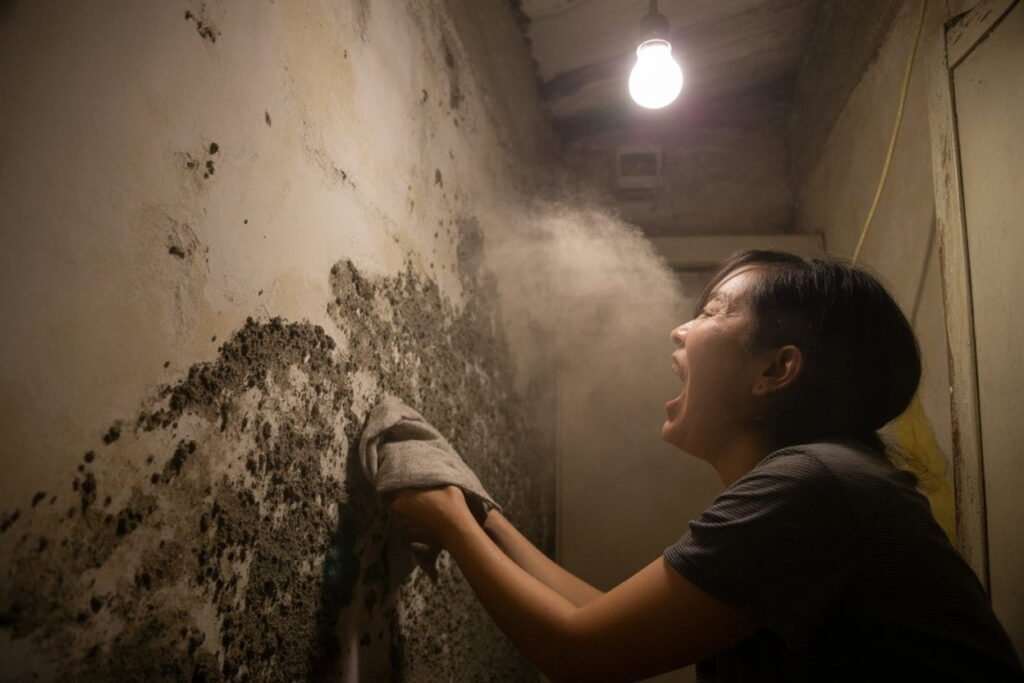 Woman reacting to toxic black mold while cleaning a wall near Cambria Heights and Queens Village, by Golden Touch Restoration Specialist LLC, Elmont NY. Trusted for mold removal service and sewage cleaning service Elmont.