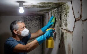 Man removing black mold with spray and gloves near Valley Stream and Bellerose Terrace by Golden Touch Restoration Specialist LLC, Elmont NY. Experts in mold removal Bellerose and fire damage restoration Bellerose.