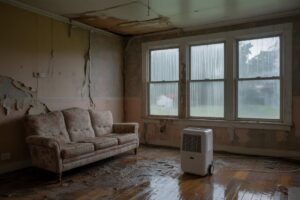 Flooded living room with peeling paint near Floral Park and Bellerose by Golden Touch Restoration Specialist LLC, Elmont NY. Mold removal Bellerose and sewage cleaning service Elmont available.