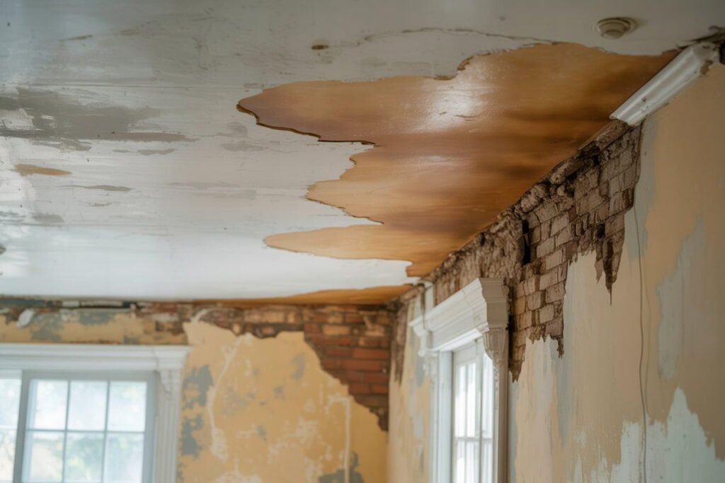 Water-damaged ceiling and moldy walls in a home near Belmont Park and South Floral Park by Golden Touch Restoration Specialist LLC, Elmont NY. Experts in water damage restoration and fire damage restoration South Floral Park.