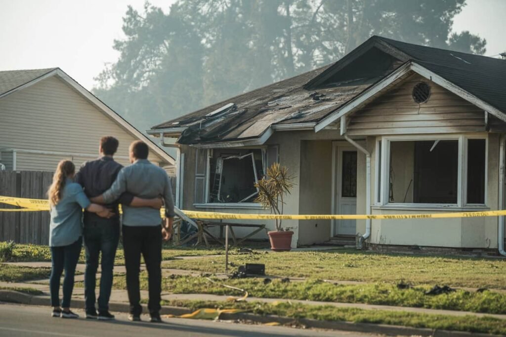 A family stands outside their burnt home in Elmont, NY, as Golden Touch Restoration Specialist LLC begins fire damage restoration service near Floral Park and Valley Stream; landmarks include Belmont Park and Cohen Children’s Medical Center.