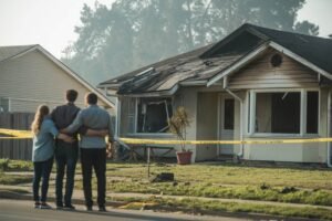 A family stands outside their burnt home in Elmont, NY, as Golden Touch Restoration Specialist LLC begins fire damage restoration service near Floral Park and Valley Stream; landmarks include Belmont Park and Cohen Children’s Medical Center.