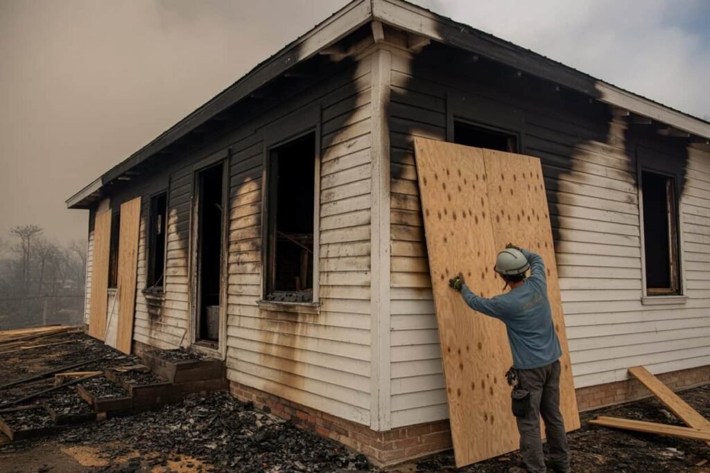 A technician from Golden Touch Restoration Specialist LLC in Elmont, NY, boards up a charred home after a fire, providing fire damage restoration service near South Floral Park and Bellerose; nearby landmarks include UBS Arena and The Home Depot Elmont.