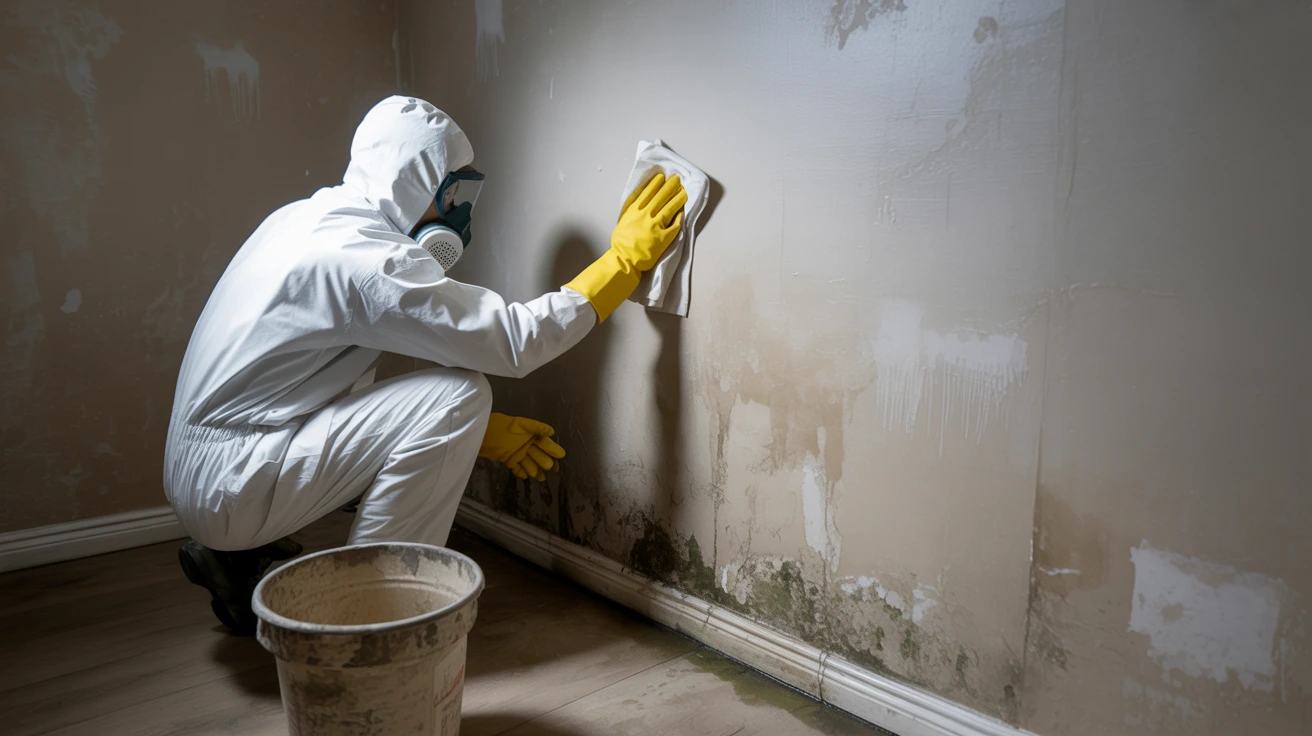 A worker from Golden Touch Restoration Specialist LLC in New York performs water damage restoration services, cleaning mold from the wall.