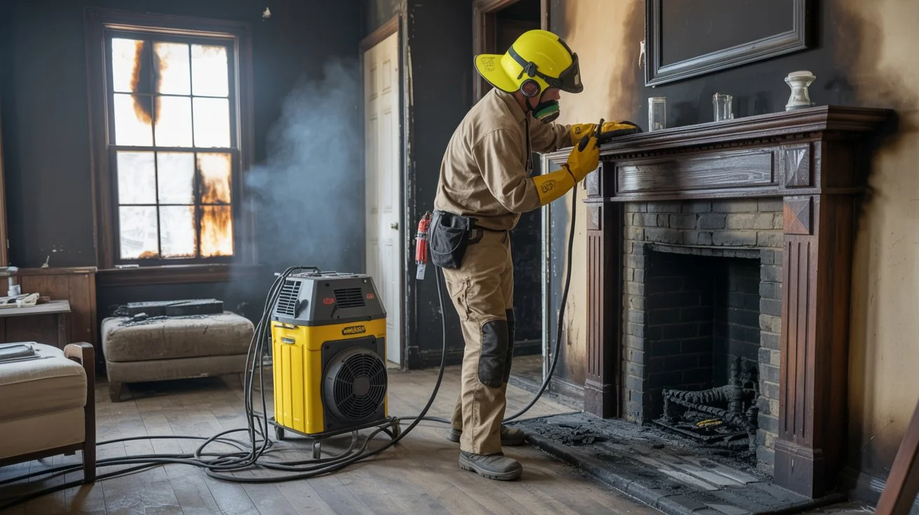 A fire damage restoration expert from Golden Touch Restoration Specialist LLC in New York cleans a fireplace while using industrial equipment to restore the property.