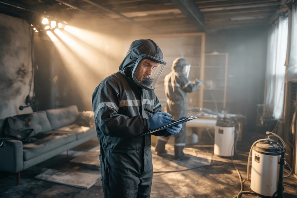 Fire damage restoration experts from Golden Touch Restoration Specialist LLC in New York assess a property while wearing protective gear.