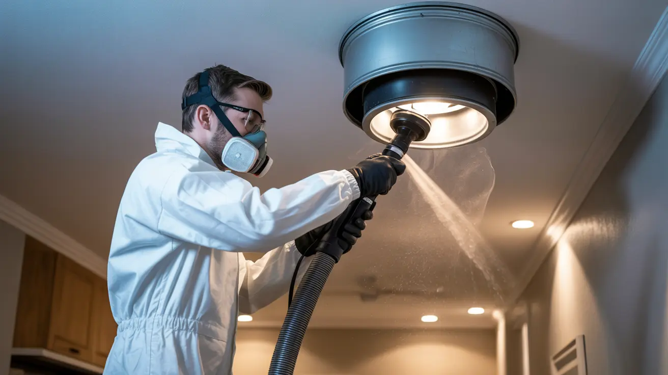 Golden Touch Restoration Specialist LLC in New York performing Air Duct Cleaning service near Queens and Franklin Square, showing a technician vacuuming a ceiling vent.