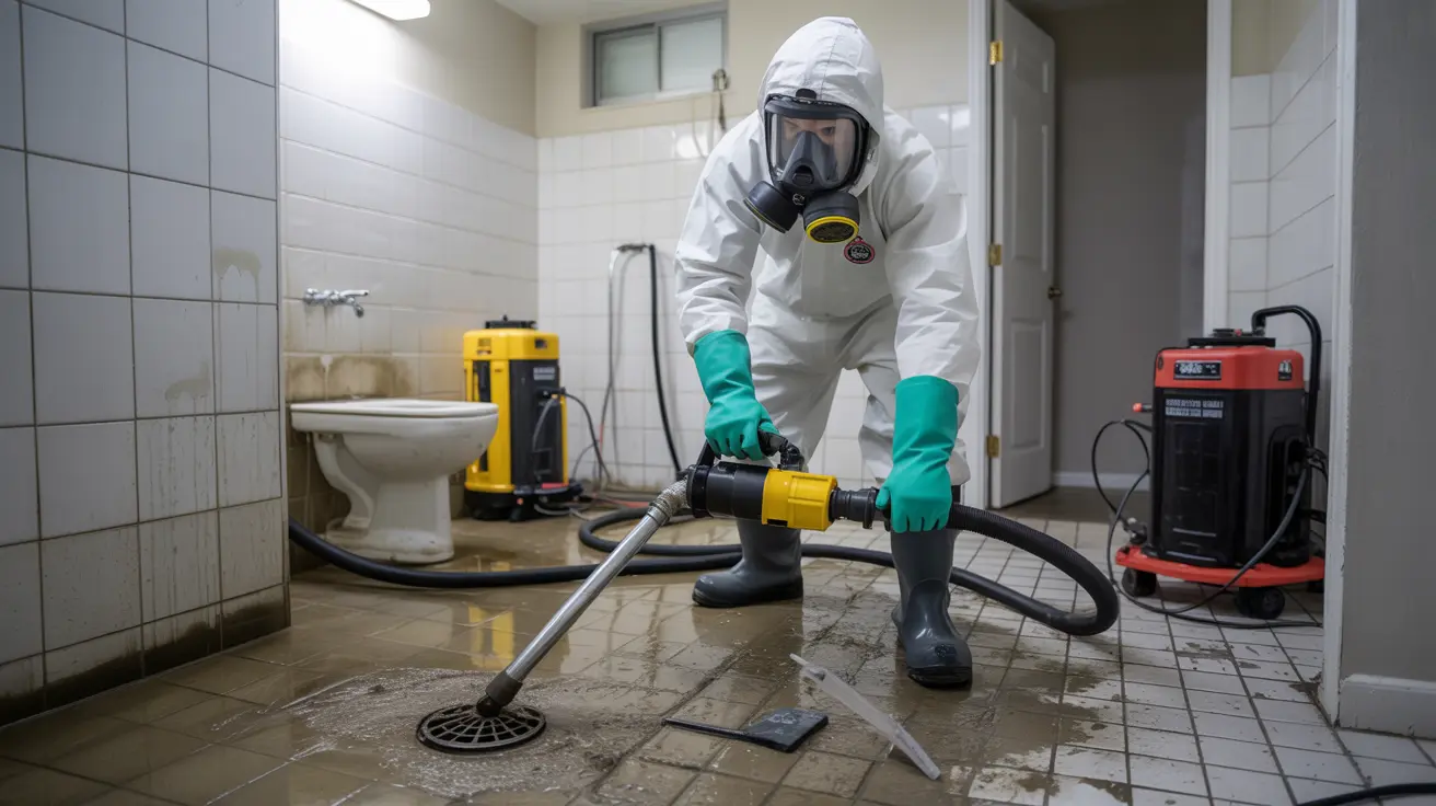 Golden Touch Restoration Specialist LLC in New York performing Raw Sewage Cleanup Service near Queens and Hempstead, with a technician in protective gear removing contaminated water from a bathroom.