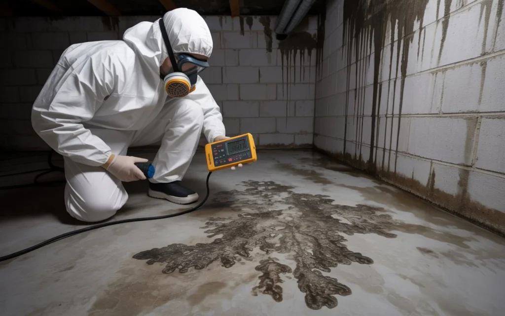Professional assessing mold growth and moisture on concrete floor in a basement during mold inspection.