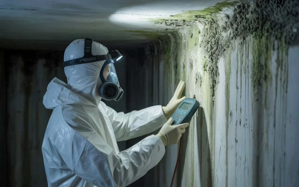 Mold remediation expert cleaning mold off bathroom tiles with a scrub brush and cleaning solution.