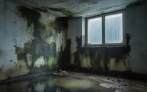 Close-up view of mold growth on basement wall with water pooling on the floor and visible cracks in the wall.