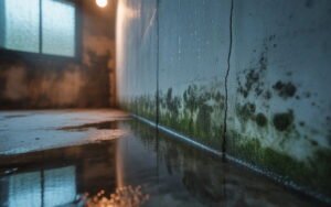 Mold and water damage on basement walls with visible green mold growth and a damp floor.