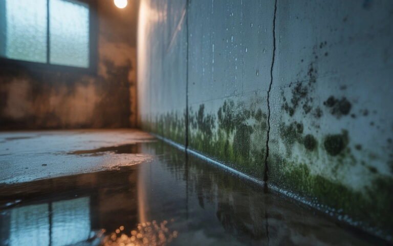 Mold and water damage on basement walls with visible green mold growth and a damp floor.