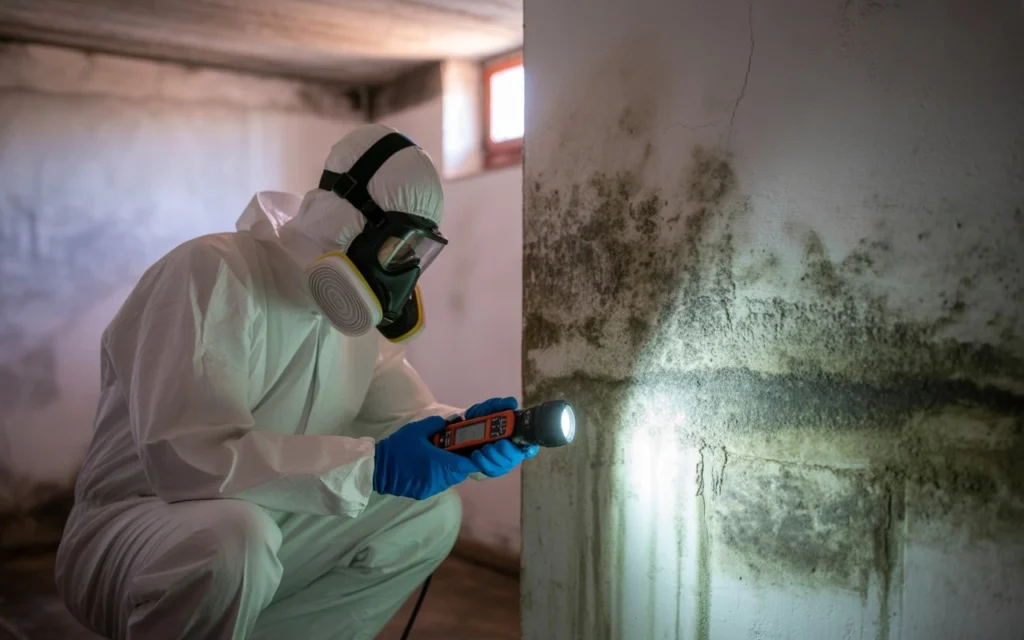 Mold detection specialist using a moisture meter to identify mold growth on basement walls.