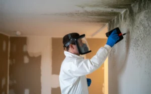 Mold remediation professional checking mold growth on ceiling using a tool to detect moisture.