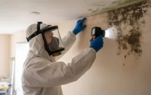 Expert inspecting mold on a wall during mold removal and remediation process with a handheld moisture meter.