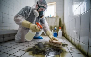 Professional in protective gear using vinegar solution to clean mold from tiles in a bathroom.