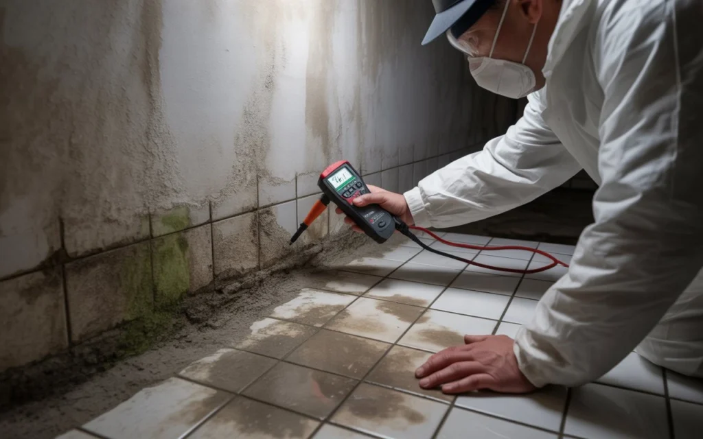 Mold detection expert inspecting mold on a wall with a moisture meter in a commercial space.