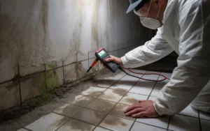 Mold detection expert inspecting mold on a wall with a moisture meter in a commercial space.