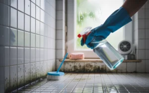Cleaning mold from bathroom tiles with a spray bottle and brush.