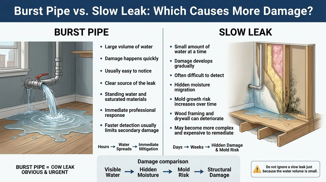 Burst Pipe vs. Slow Leak: Which Causes More Damage to Your Home? 1 Comparison of burst pipe and slow leak water damage showing visible flooding versus hidden moisture, mold risk, and progressive structural damage
