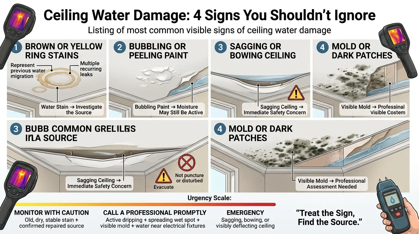 Four ceiling water damage warning signs including brown stains, bubbling paint, sagging drywall, and visible mold