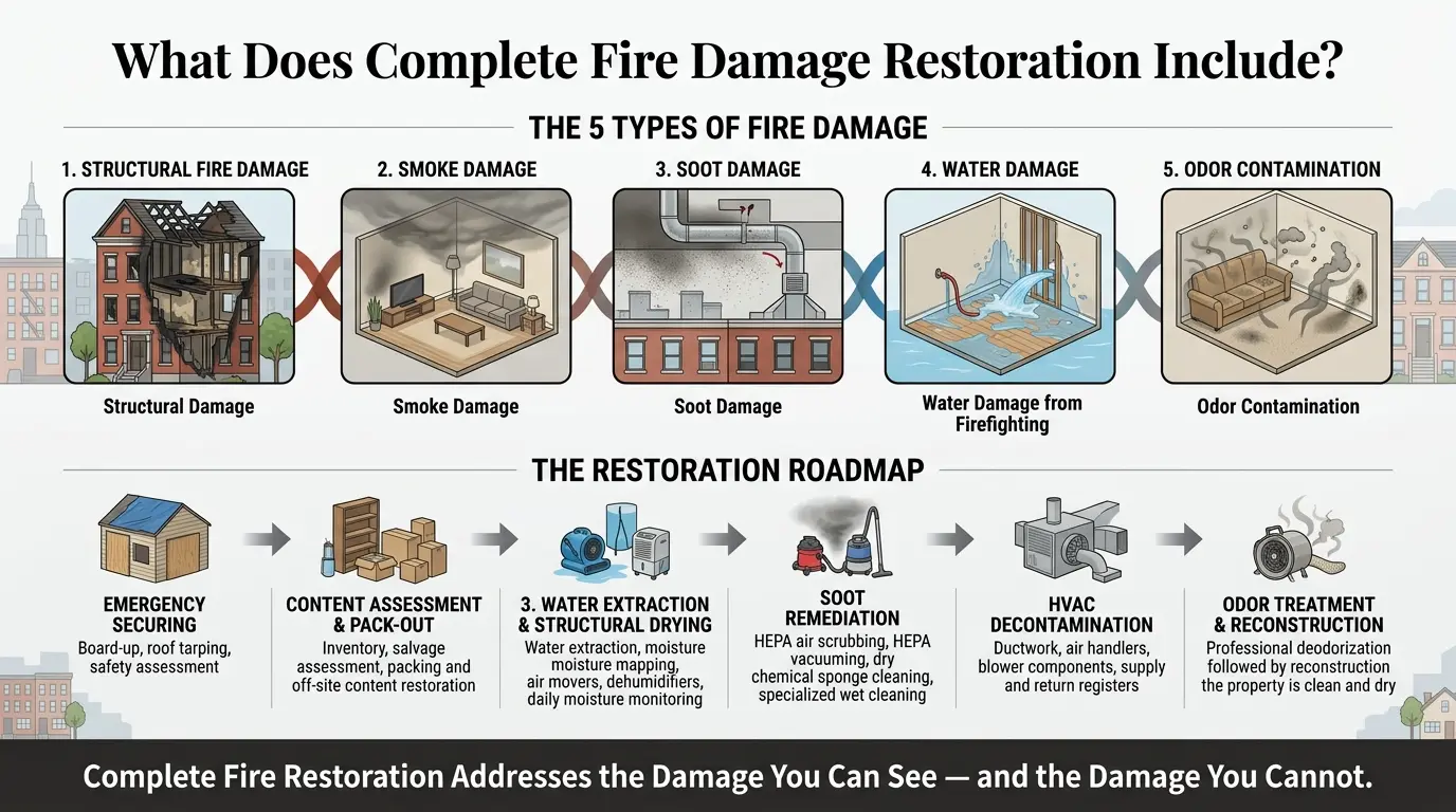 Infographic showing five types of fire damage and the complete restoration process from emergency securing through reconstruction