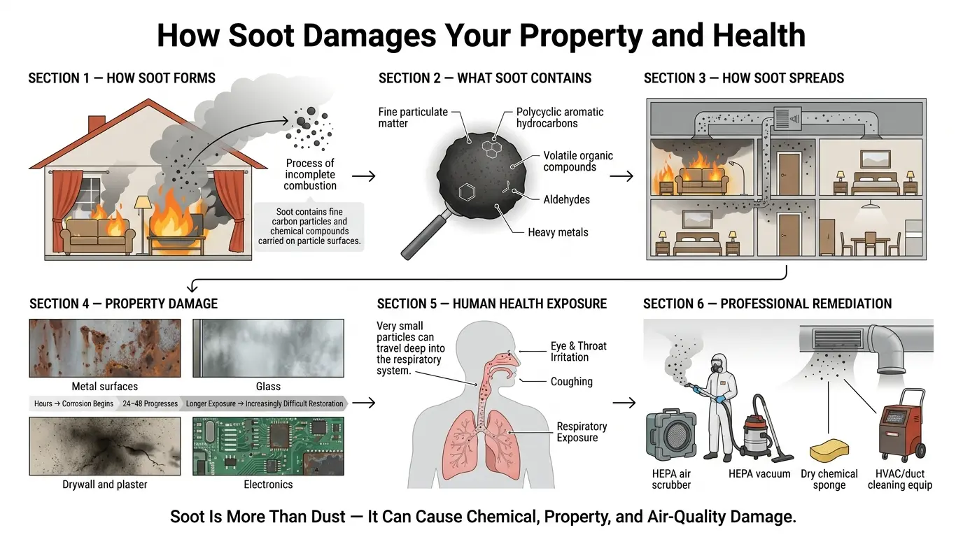 How soot from a fire spreads through a home and causes property damage, HVAC contamination, and health risks