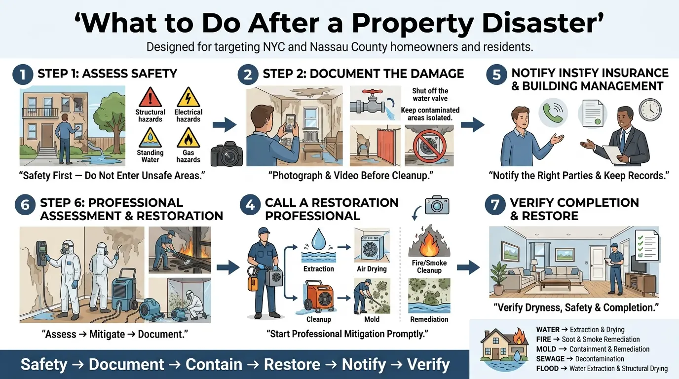 Seven-step property disaster restoration process covering safety assessment, damage documentation, containment, professional mitigation, notification, restoration, and final verification