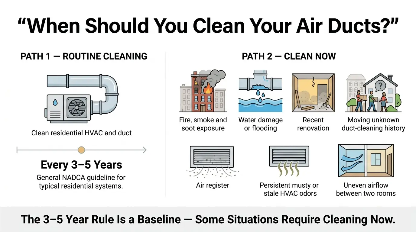 How Often Should Air Ducts Be Cleaned? The Real Answer for NY Homeowners 1 Infographic showing when air ducts should be cleaned after fire, water damage, renovation, or visible dust and odors