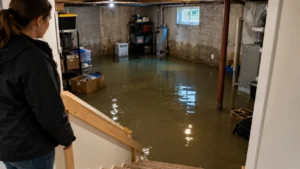 Flooded basement with standing water as a homeowner looks down from the stairs without entering