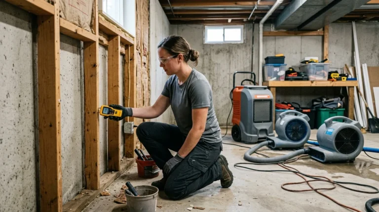 Restoration technician checking exposed basement wall framing with a moisture meter beside a dehumidifier and air movers after flood cleanup