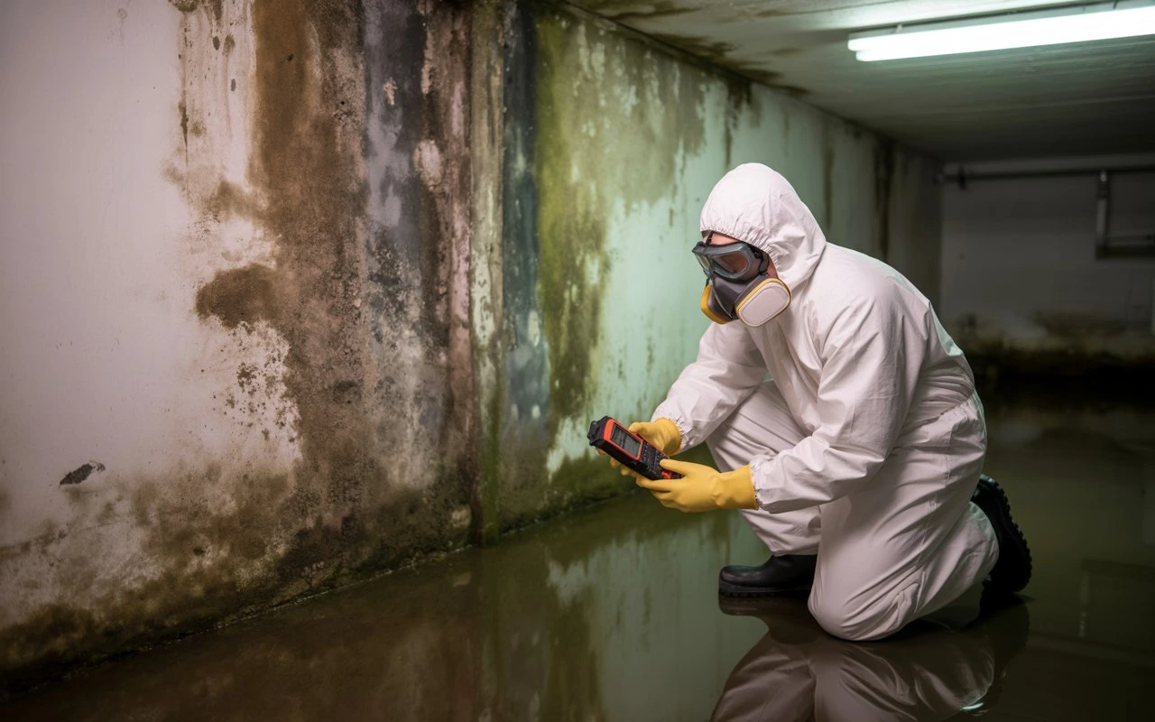 Mold inspector using a flashlight to detect mold inside walls of a basement with visible moisture.