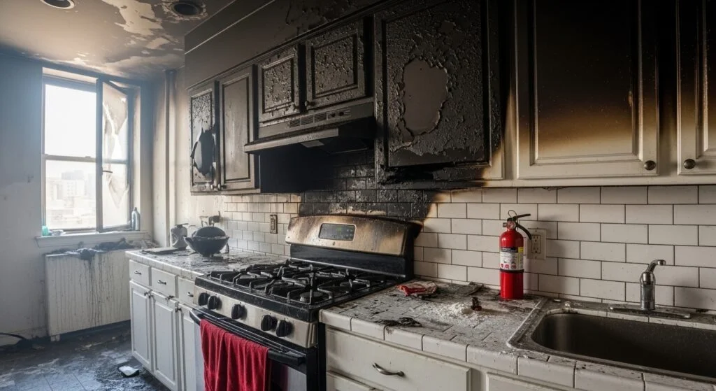 Kitchen in a New York City apartment after a grease fire showing heavy soot damage on walls and range hood