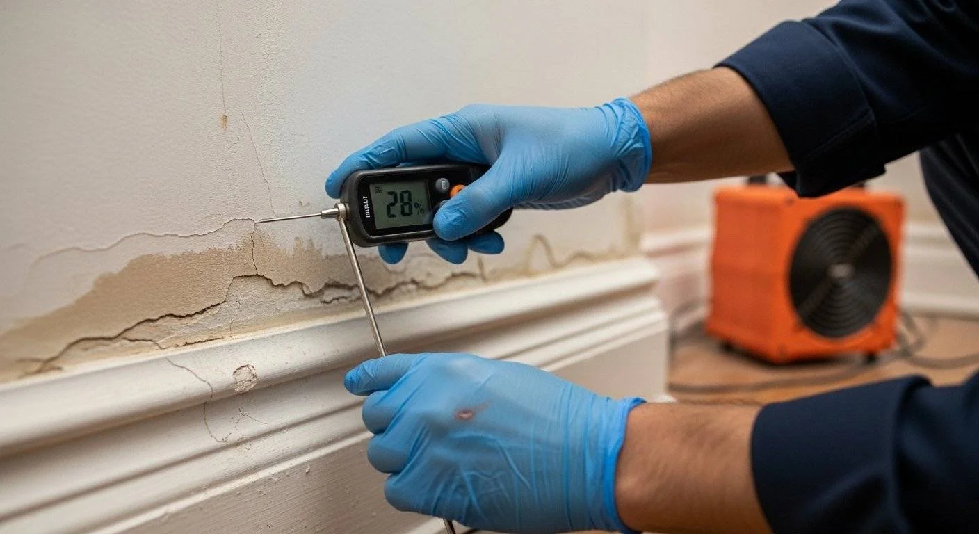 How Long Does Water Damage Restoration Take? A Timeline Breakdown for NYC and Long Island 1 Restoration technician using a pin moisture meter to measure moisture levels in a plaster wall after water damage