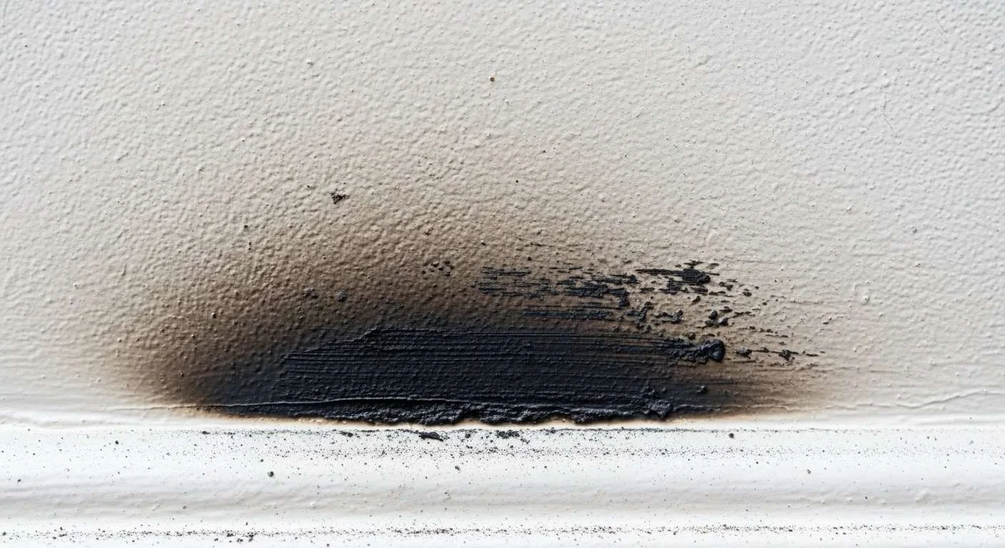 Close-up of soot damage on a painted drywall wall in a New York apartment showing smeared residue from incorrect DIY cleaning