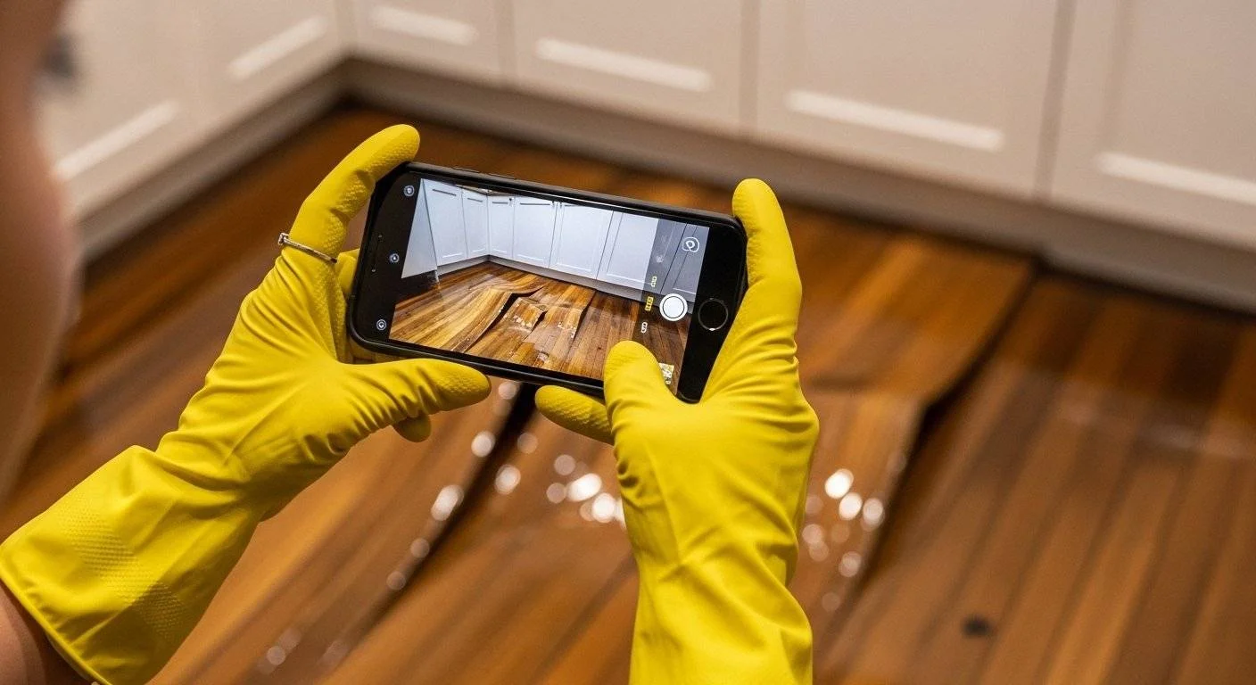Homeowner documenting water damage on a flooded kitchen floor in NYC before filing an insurance claim