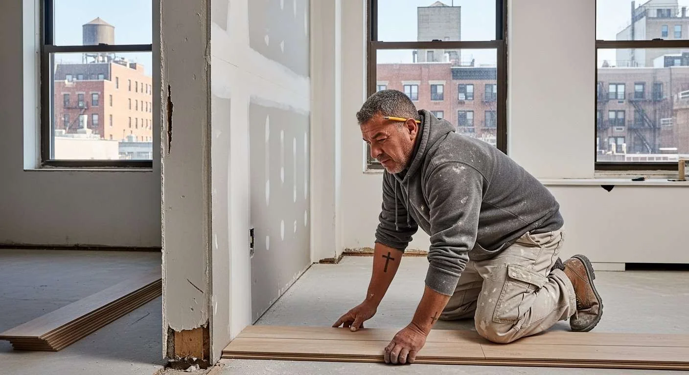 How Long Does Water Damage Restoration Take? A Timeline Breakdown for NYC and Long Island 2 Construction worker installing new flooring during water damage reconstruction in a NYC co-op apartment