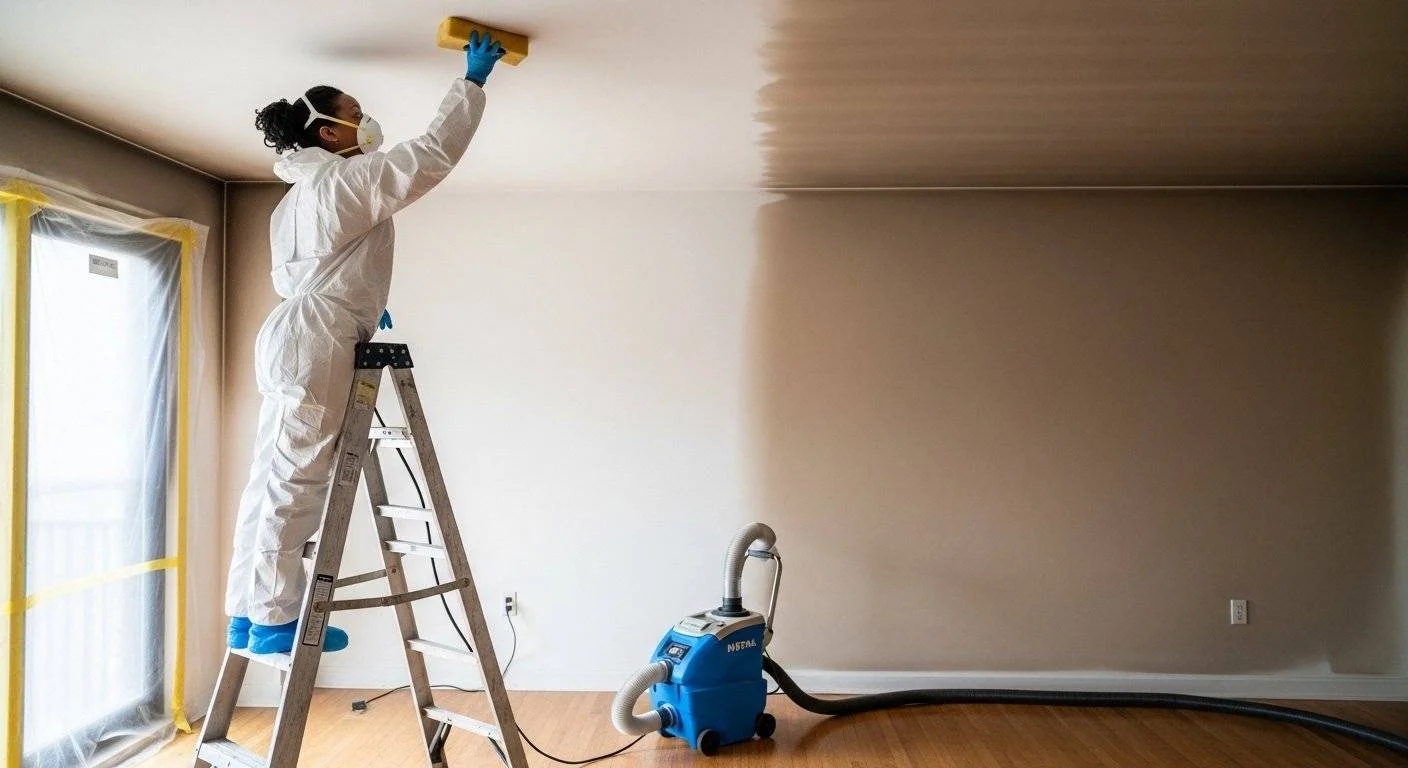 Smoke vs. Soot Damage: Why Both Require Professional Cleanup 2 A certified female restoration technician in full PPE stands on a stepladder performing professional soot removal on the ceiling of a New York apartment living room. The ceiling shows a clear contrast between the cleaned section - bright white where soot has been properly removed - and the adjacent untreated section still coated in a gray-tan soot film. A HEPA air scrubber runs on the floor below. The image supports the professional restoration process section, showing both the proper technique and the visible result it produces.