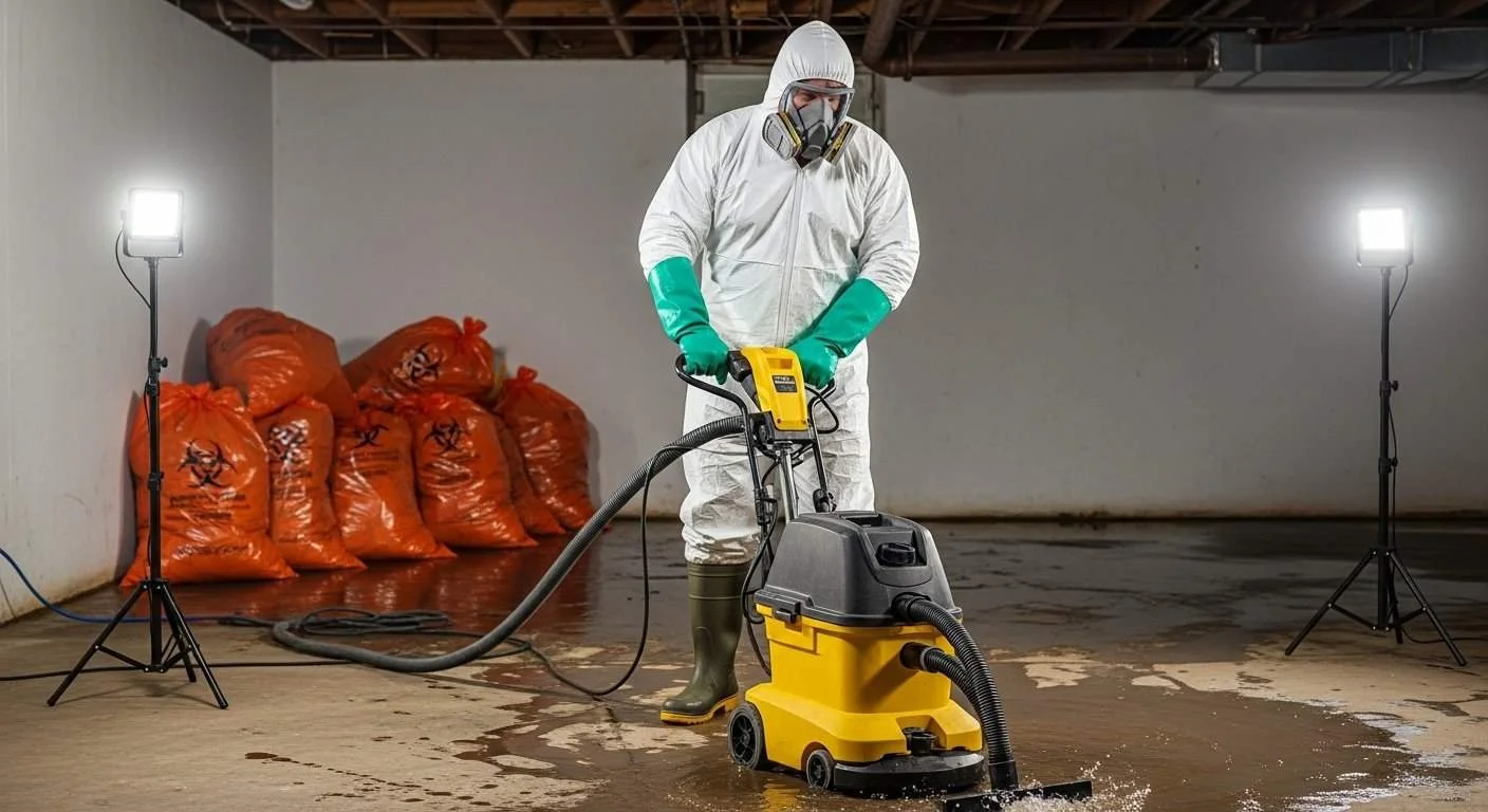 Biohazard remediation professional in full PPE extracting sewage-contaminated water from a flooded basement