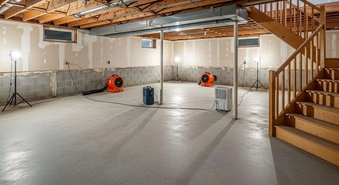 Sewage Backup in Your Home: Health Risks, Cleanup Steps, and Costs in New York 2 Nassau County basement after professional sewage cleanup showing stripped walls, bare studs, and active structural drying equipment
