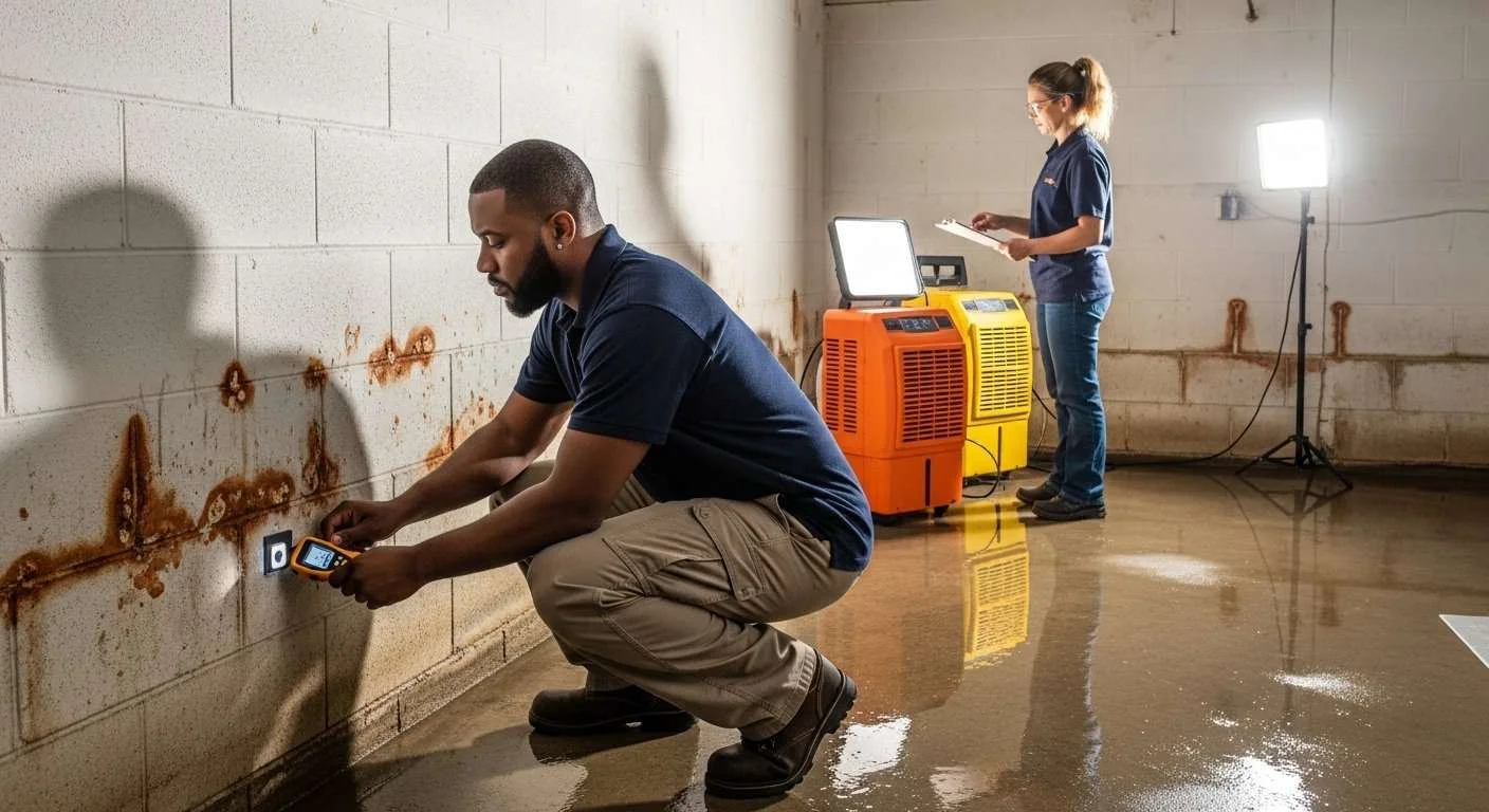 What to Do in the First 24 Hours After Water Damage in Your Home? 2 Professional water damage restoration team using moisture meters and dehumidifiers in a Nassau County basement