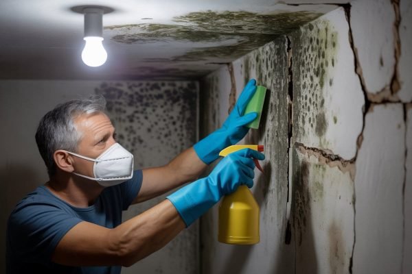 Man removing black mold with spray and gloves near Valley Stream and Bellerose Terrace by Golden Touch Restoration Specialist LLC, Elmont NY. Experts in mold removal Bellerose and fire damage restoration Bellerose.